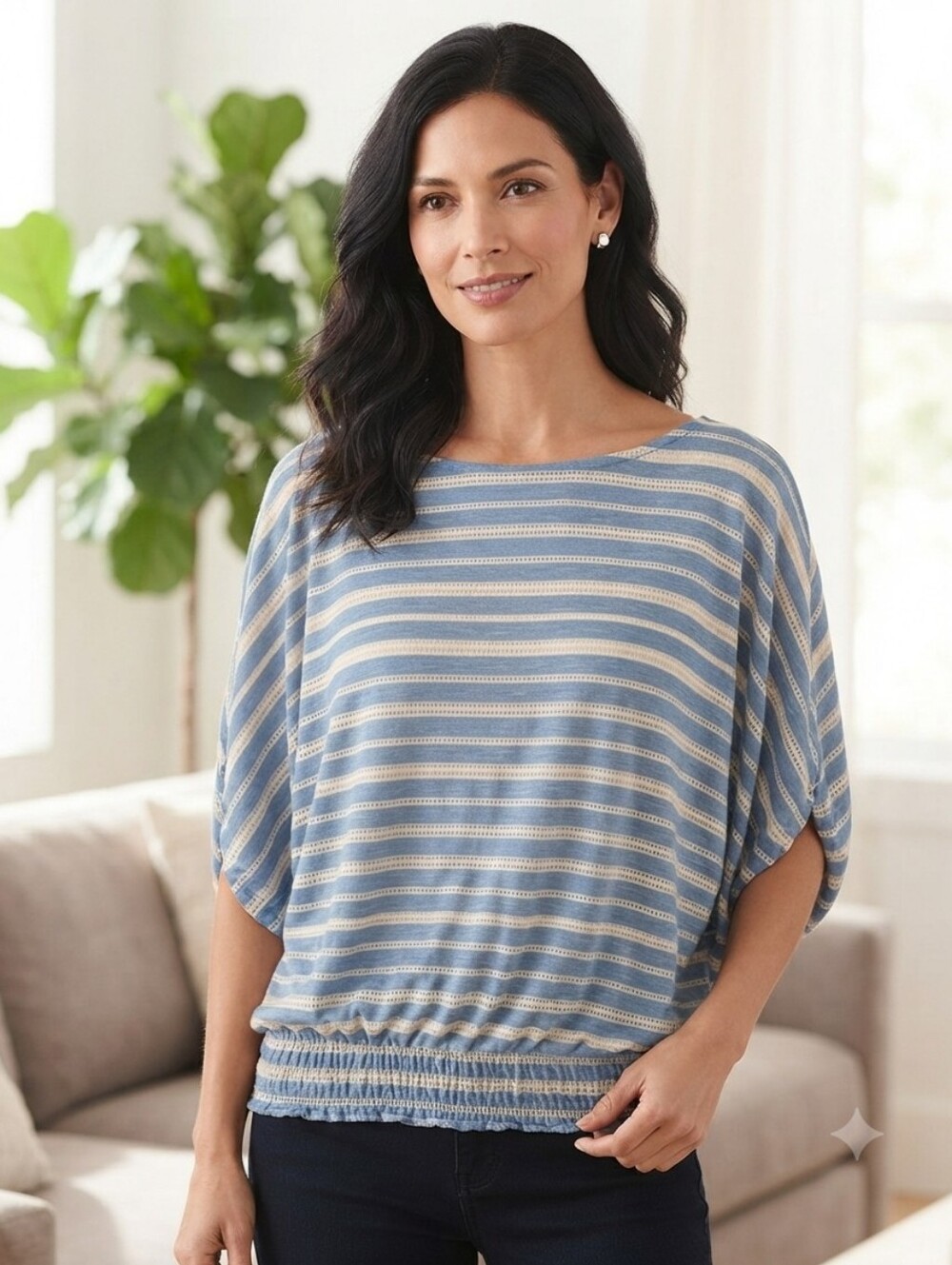 Free People OVERSIZED Small Blue and White Striped Knit Top